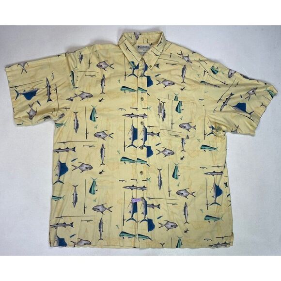 Columbia Fish All Over Print Shirt Men XL Yellow Short Sleeve - Picture 1 of 7